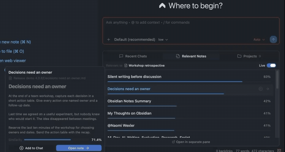 Preview a related note and add it to Agent Chat while drafting a question