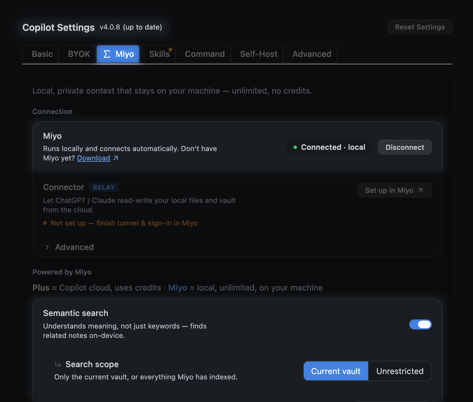 Miyo connection and semantic search in Copilot settings