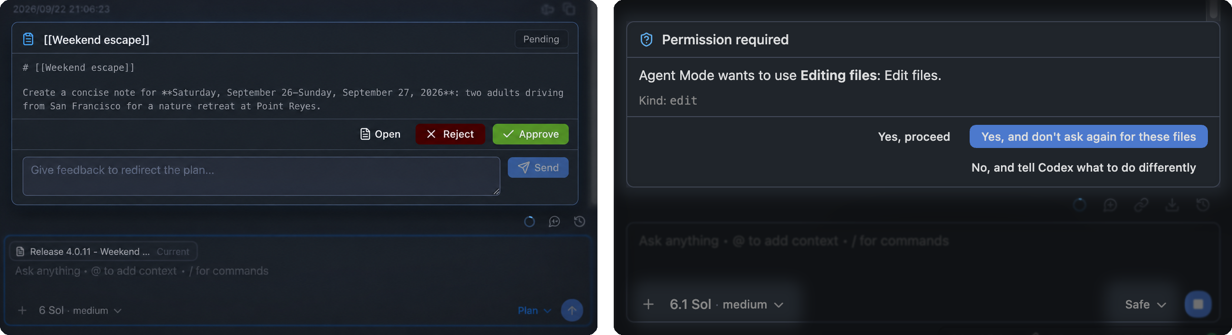 Codex plan card with Approve and Reject, next to Codex in Safe mode asking permission to edit a note