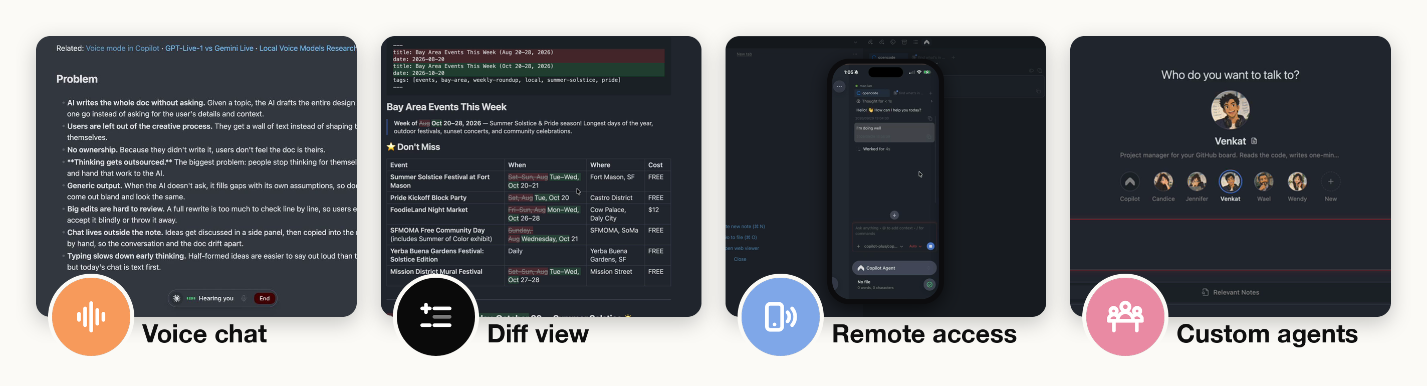 Coming soon: voice chat, diff view, remote access, and custom agents