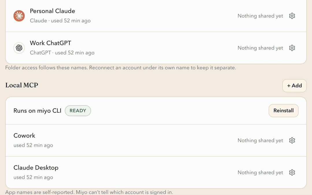 Sharing different Miyo folders with a work ChatGPT connection and a personal Claude connection