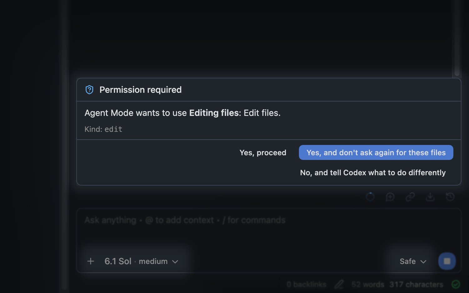 Codex in Safe mode asking for approval before editing a note
