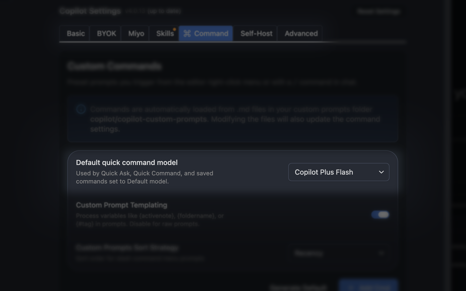 Default quick command model setting in the Command tab