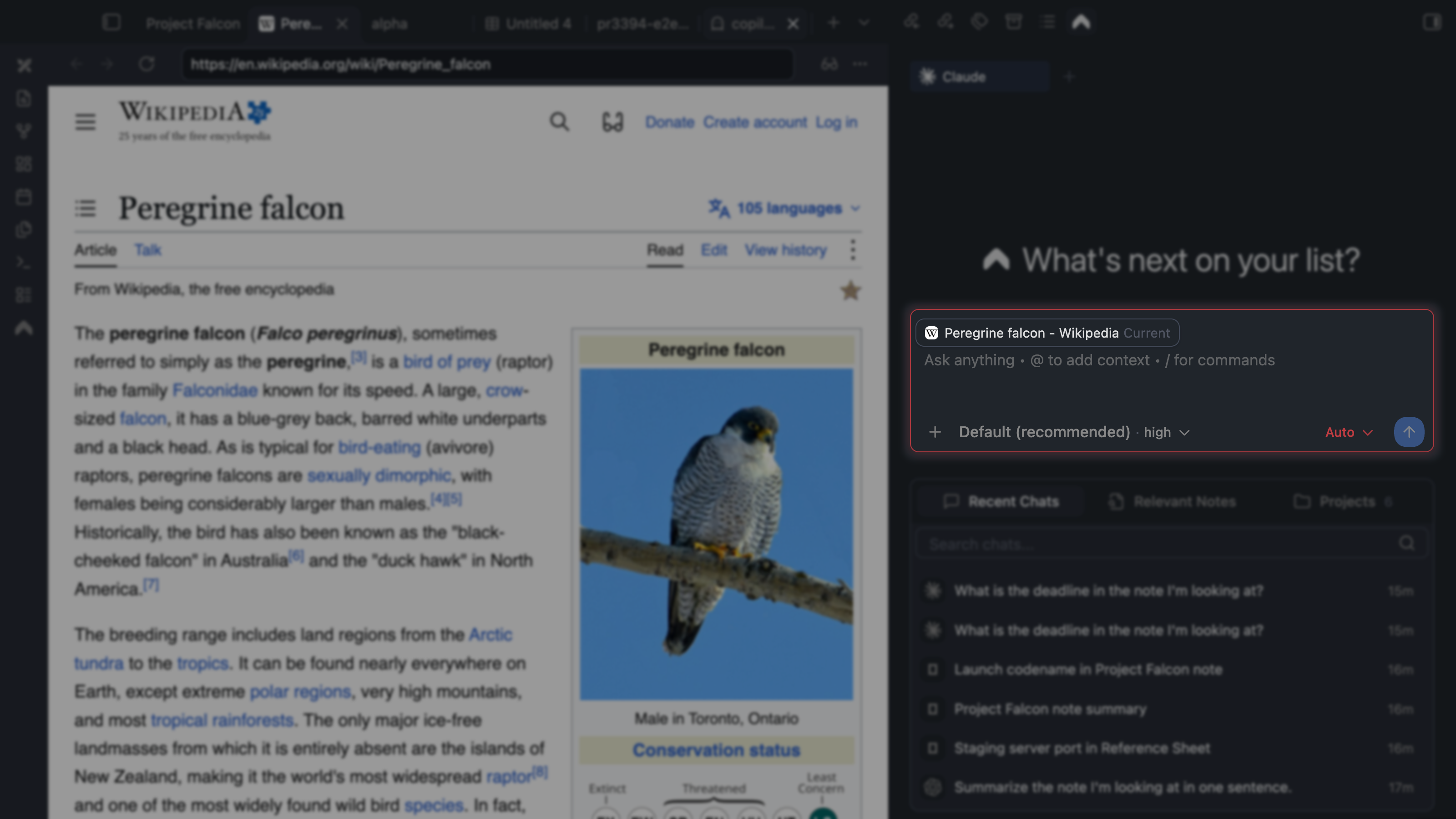 Agent Chat in the right sidebar with the open Wikipedia page attached as a Current chip