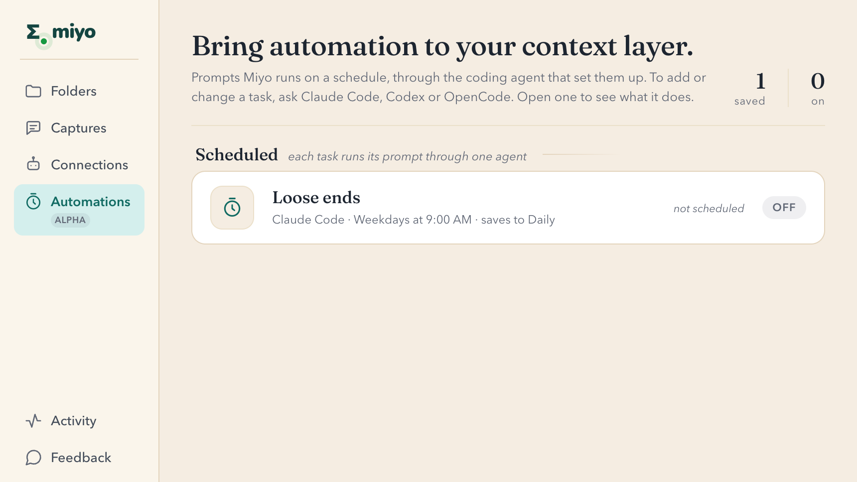 Miyo's Automations tab, marked Alpha, listing a task that runs through Claude Code on weekdays at 9:00 AM and saves to Daily