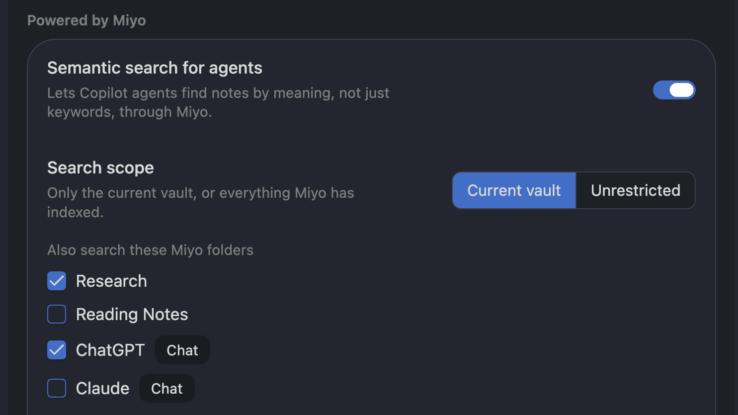 Miyo Search scope set to Current vault with Research and ChatGPT ticked under Also search these Miyo folders