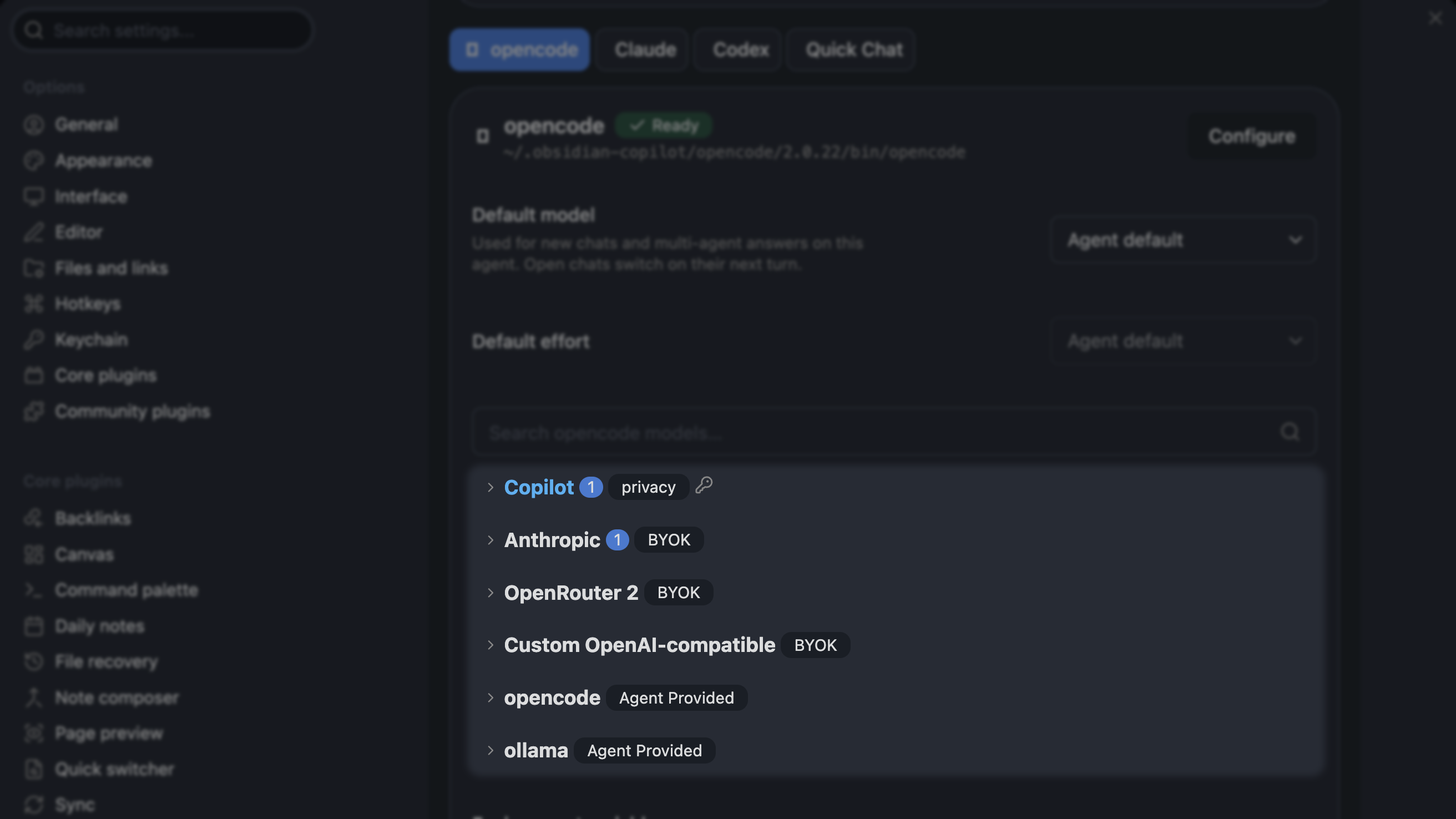 OpenCode model settings with provider groups showing selected-model count badges