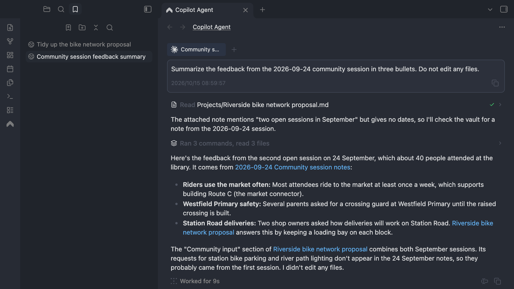 Obsidian's Bookmarks pane listing two Copilot chats, with the selected chat open in the Copilot Agent view beside it
