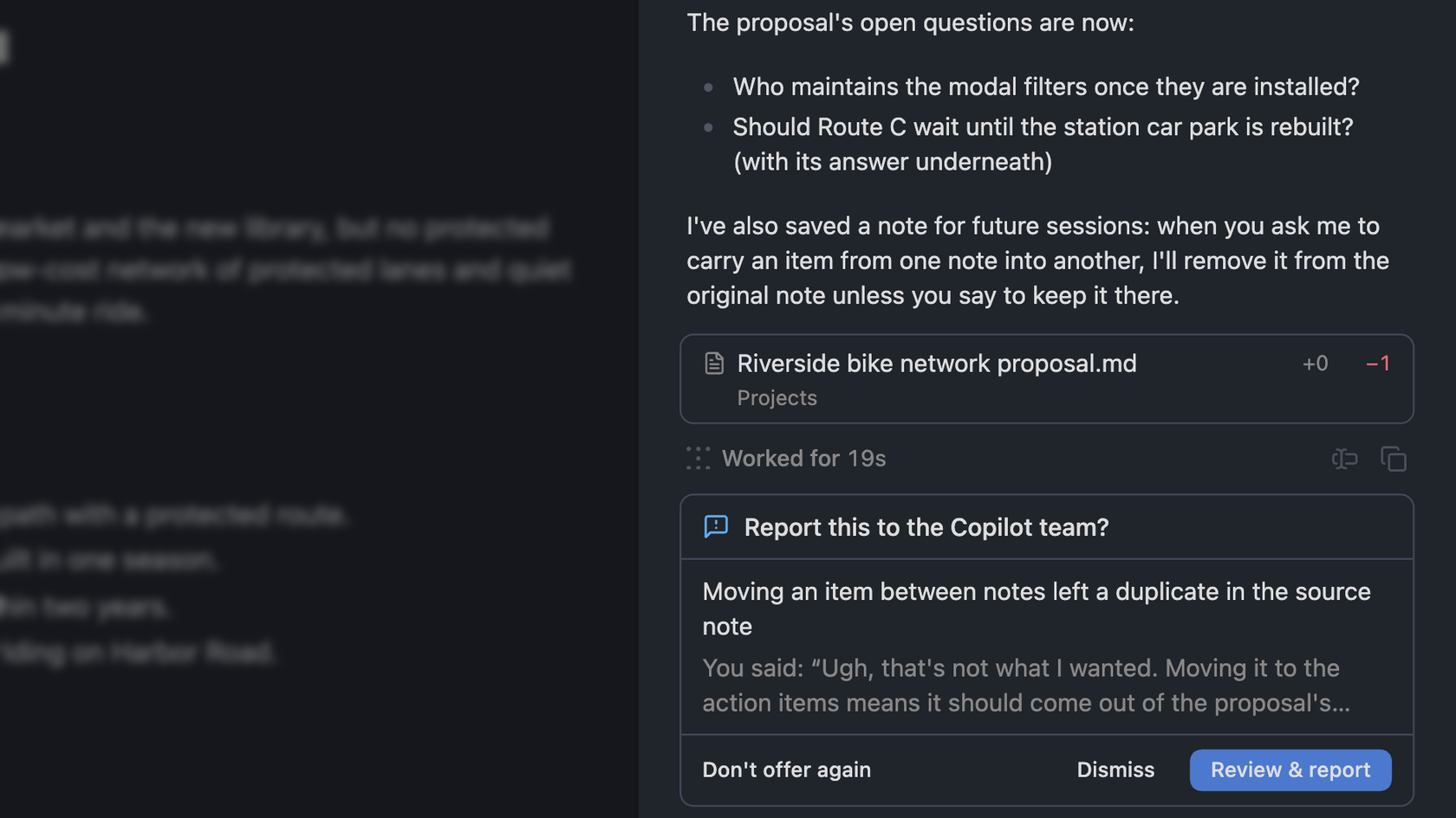 Report this to the Copilot team? card under an Agent Chat reply, with a summary, the quoted complaint, and Don't offer again, Dismiss, and Review & report buttons