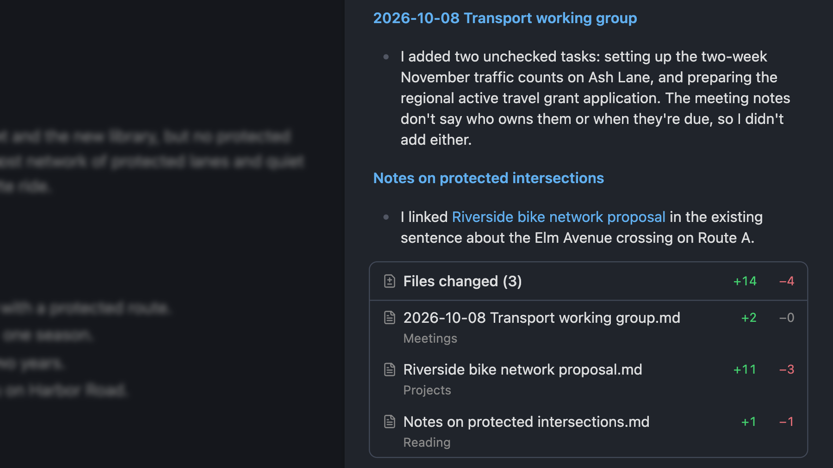 Agent Chat reply ending with a Files changed (3) card that lists three edited notes with added and removed line counts