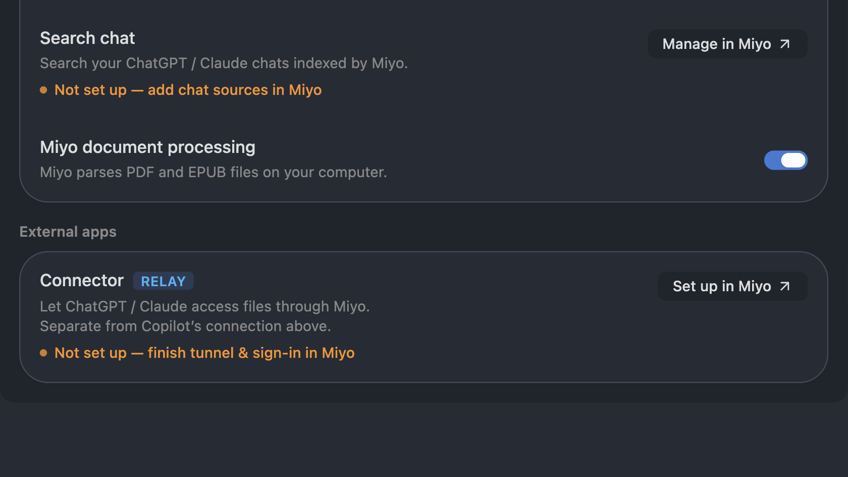 Miyo settings with the Miyo document processing switch turned on and its description, Miyo parses PDF and EPUB files on your computer