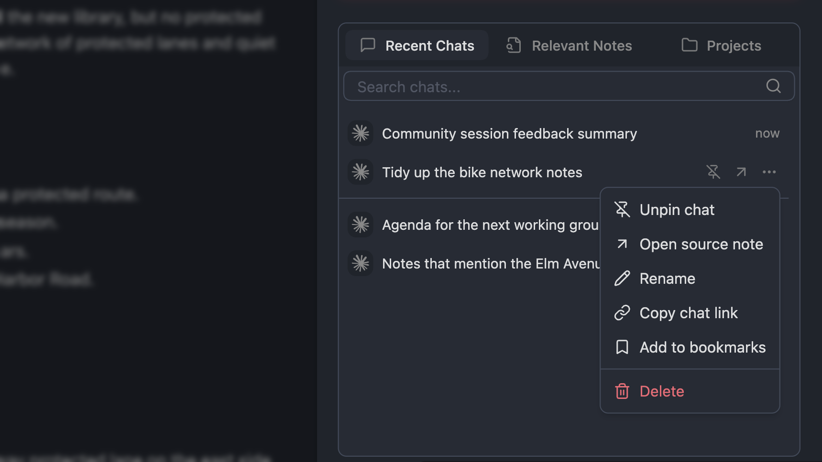 Recent Chats with pinned chats above a divider and the More actions menu open, showing Unpin chat, Open source note, Rename, Copy chat link, Add to bookmarks, and Delete