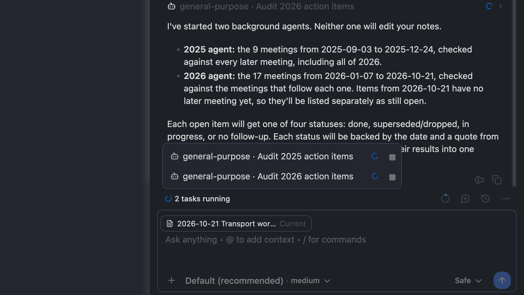 Agent Chat with 2 tasks running above the message box and its list open, showing two general-purpose agents auditing 2025 and 2026 action items, each with a stop button