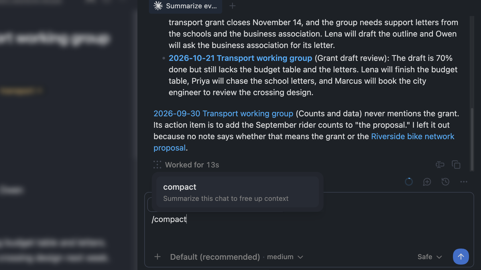 Agent Chat with /compact typed in the message box and the command menu showing compact, Summarize this chat to free up context