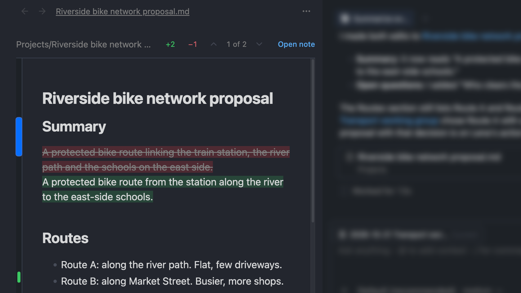 Diff tab for Riverside bike network proposal in reading-view type, with the old summary struck through in red and the new one highlighted in green
