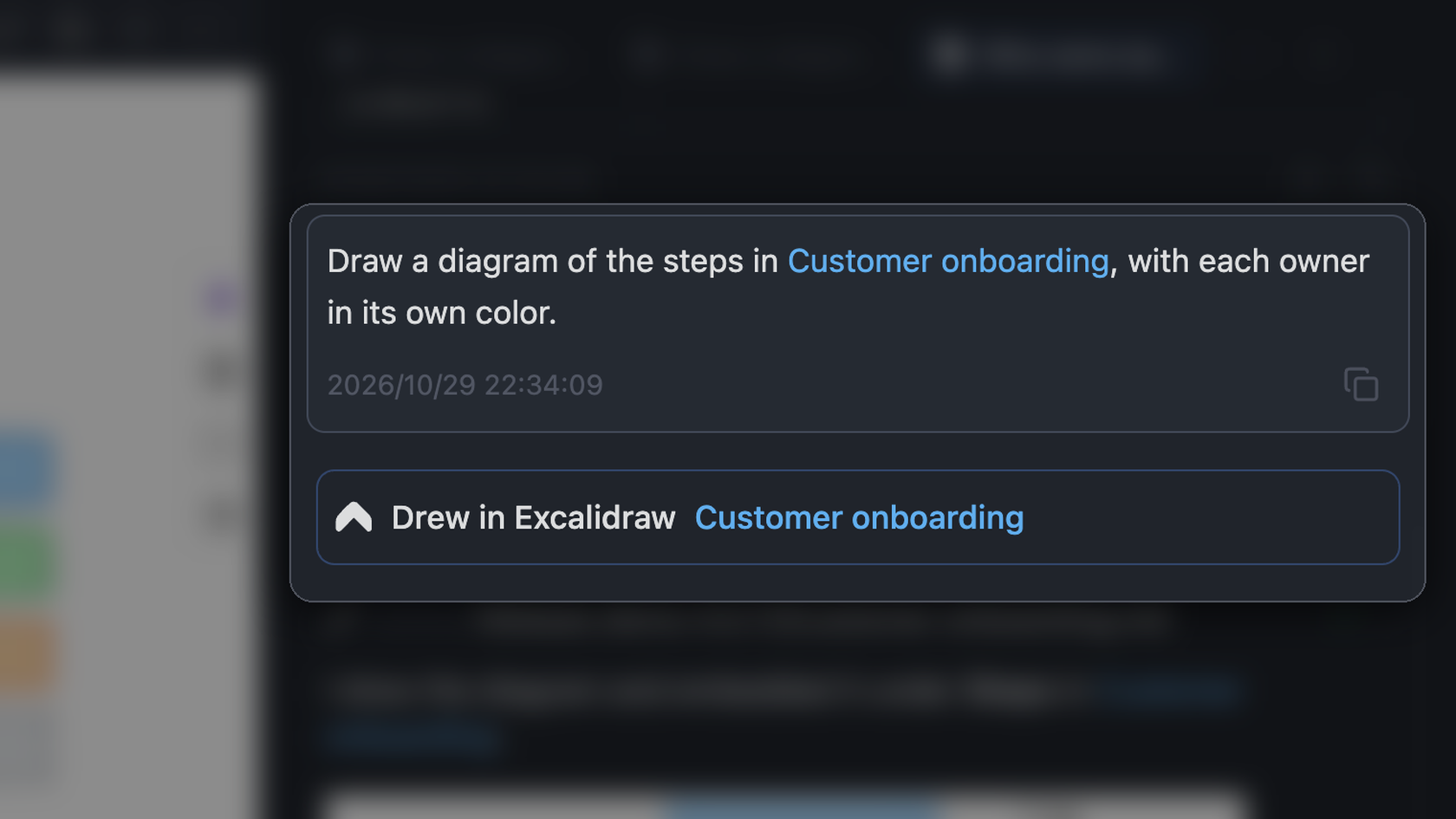 Agent Chat with the request to draw the onboarding steps and a Drew in Excalidraw card for Customer onboarding