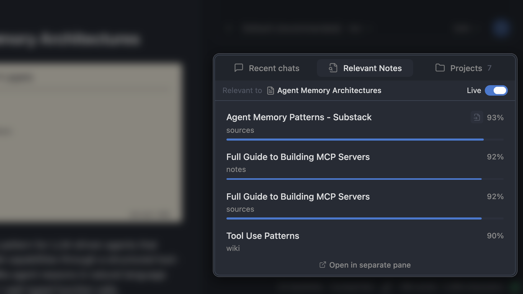 Relevant Notes listing two notes named Full Guide to Building MCP Servers, one in notes and one in sources